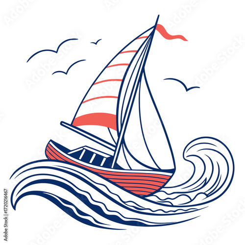 Stylized sailboat with coral sails and hull glides through stylized blue waves under a clear sky with flying birds