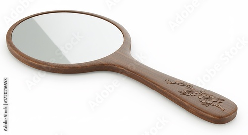 Handheld wooden mirror reflects soft light beautifully detailed carving. AI Generated