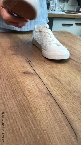 A woman reviewing white sneakers. Vertical video