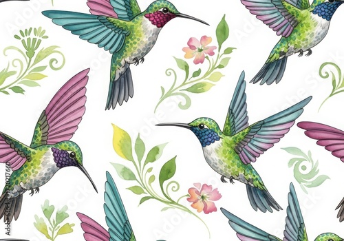 Seamless watercolor pattern of colorful hummingbirds with delicate flowers and leaves on a white background