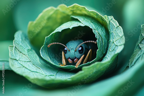 Green bug on green leaf.