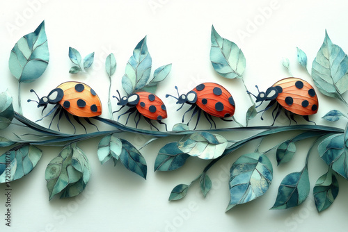 ladybugs on branch with leaves.