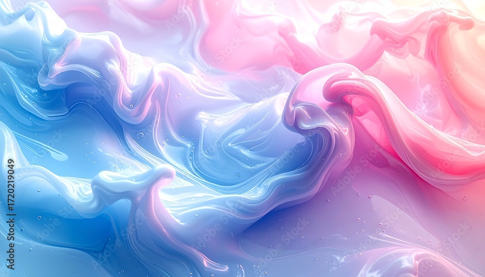 Fototapeta premium An abstract, flowing, multi-colored substance with smooth, glossy textures, resembling clouds, with shades of blue, pink, and white