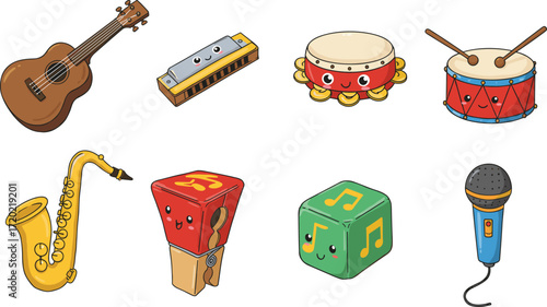 Cartoon Music Instruments Icons Set Including Guitar, Saxophone, Drum, Tambourine, Harmonica, Microphone, and Musical Toys for Kids’ Designs.