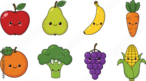 Collection of kawaii cartoon fruits and vegetables with happy faces, healthy food icons for kids, fun nutrition vector clipart design