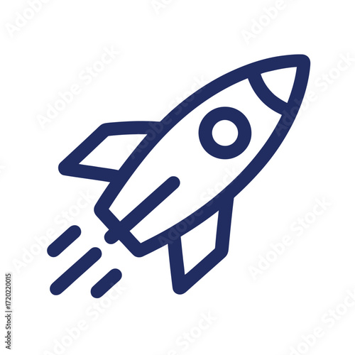 Simple blue rocket icon launching upwards with trails