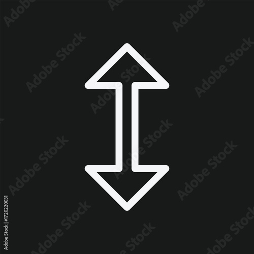 White Vertical Double-Headed Arrow Icon on Black Background, Minimalist Symbol for Bidirectional Movement, Resizing, and UI Navigation in Digital Interface Design.