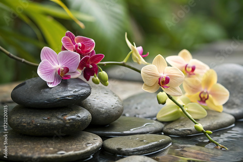 Still life with pink orchid fern and zen stones