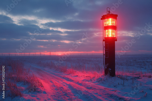Red light shining on snow-covered pole.
