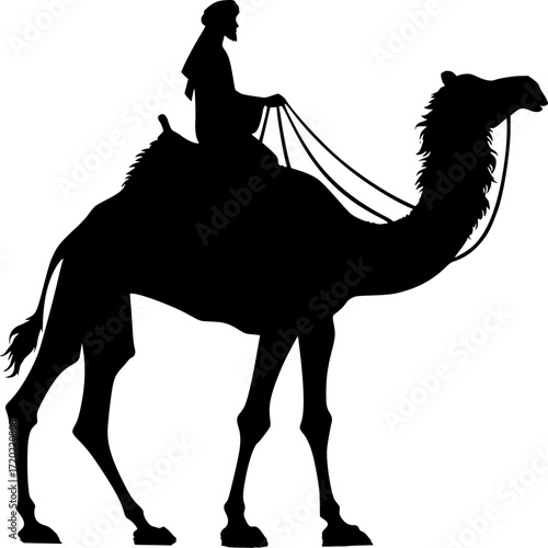 Camel Rider Silhouette: A detailed silhouette depicts a robed figure confidently riding atop a camel, evoking a sense of travel, culture, and the timeless journey across the sands.