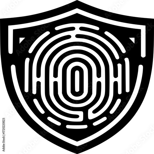 Secure Identity Shield: A bold, graphic representation of digital security, featuring a fingerprint enclosed within a shield, symbolizing protection and verification.