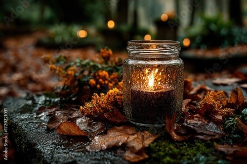 Grave candle placed on fallen autumn leaves, marking All Saintsa?? (Nov 1) and All Soulsa?? Day (Nov 2)