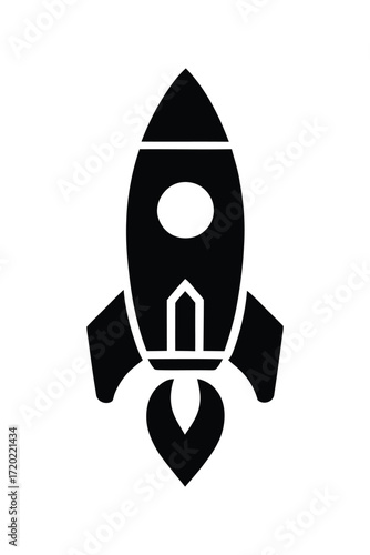 Bold black rocket ship icon ascending to space