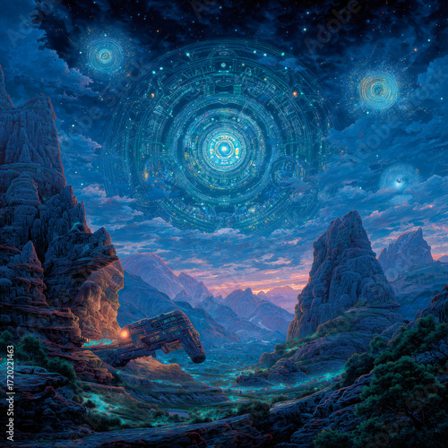 A mystical hadron collider on a massive scale, futuristic particle accelerator in the sky with mountainous surroundings.