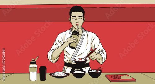 Vector illustration of a young Asian man in a martial arts uniform enjoying a meal after a workout session