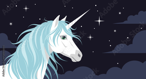 A majestic white unicorn with a flowing blue mane gazes into a starry night sky.