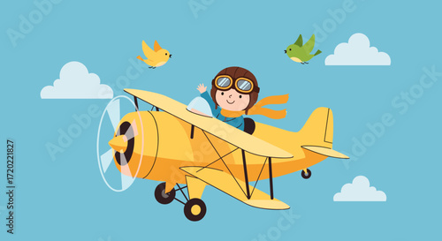 A happy cartoon pilot in a yellow biplane flies through the sky with birds and clouds.