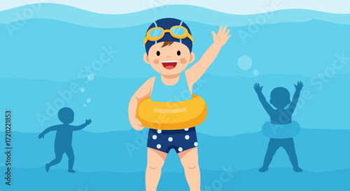 A happy young boy wearing goggles and a swimming ring waves while standing in a pool with other children's silhouettes.