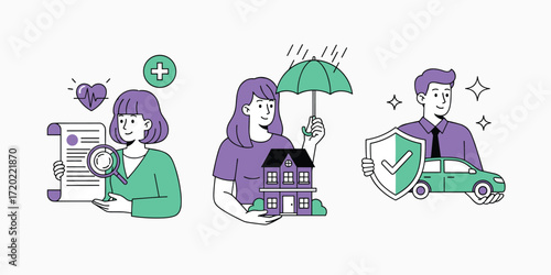 Characters Presenting Vehicle, Life, and Property Insurance Policies – Comprehensive Insurance Coverage, Risk Protection, Personal and Business Safety, and Asset Security Concept – Flat Vector Illustr