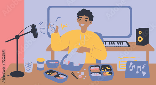 A cheerful male vlogger live streaming a food review of a bento box meal from his home studio setup with a microphone