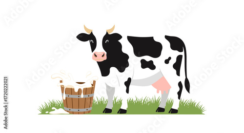 A black and white cow stands next to a wooden bucket overflowing with fresh milk.