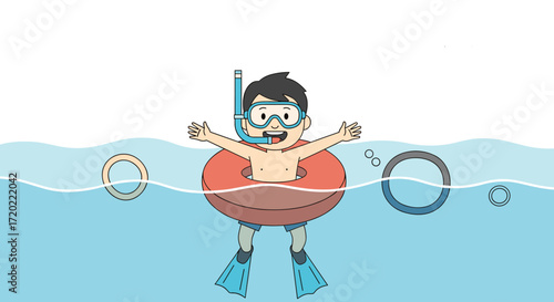 A young boy wearing a snorkel and goggles enjoys swimming with a flotation ring in clear blue water.