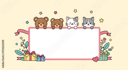 Cute cartoon bears and cats peeking over a blank festive frame with gifts and decorations.