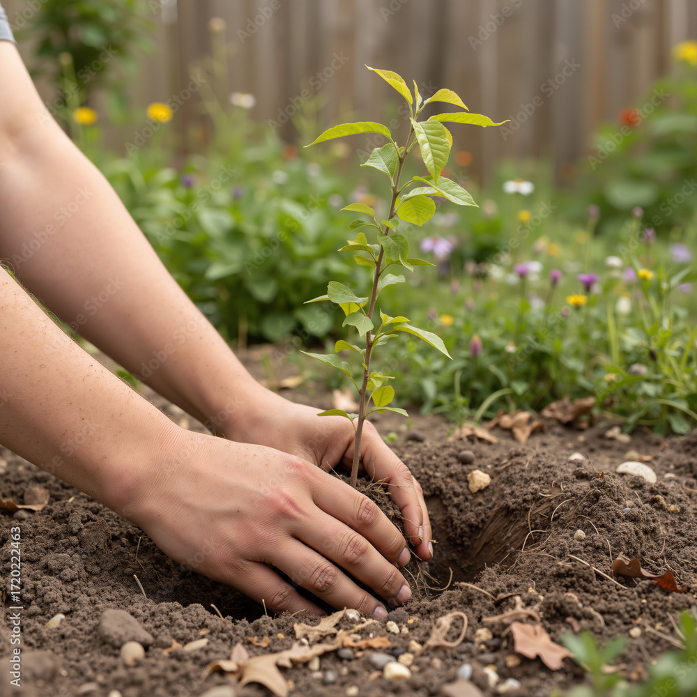 Fototapeta premium Hands planting small tree seedling in garden soil on sunny day
