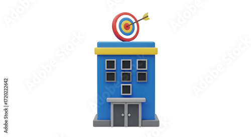 3D Blue Building with Target and Arrow