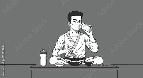 Man in Martial Arts Uniform Enjoying a Meal and Drinking Water A Healthy Lifestyle Concept