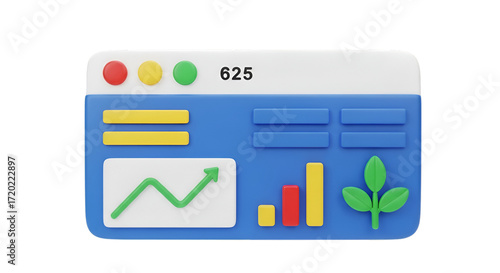 3D Business Dashboard with Growth Chart and Plant Icon