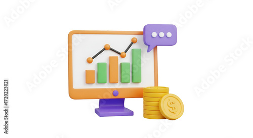 3D Business Growth Chart with Coins and Chat Bubble