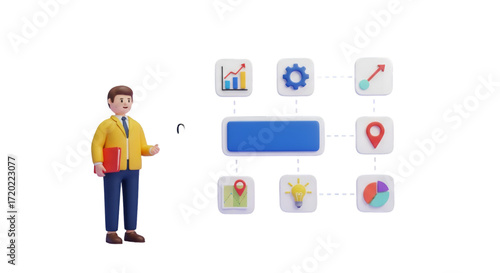 3D Business Man Presenting a Flowchart with Icons