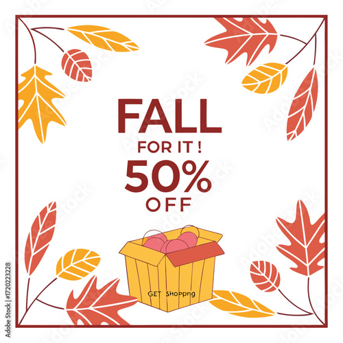 Fall Sale Promotion with Leaves and Shopping Box for Social Media Marketing