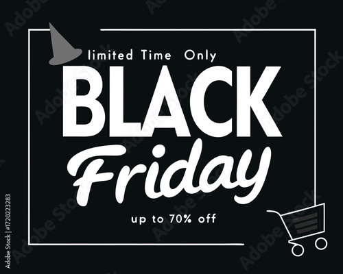 Black Friday Sale Promotion with Shopping Cart and Witch Hat on Black Background