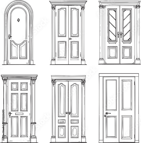 Collection of six different door designs in black and white line art illustration style drawing set