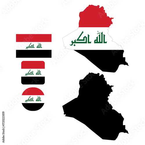 iraq country map with national flag variations including silhouette and filled designs for graphic use