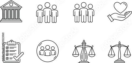 Government and Law Line Icons Set – Justice Scale, People, Checklist, Courthouse, Charity, and Legal Rights Symbols for Civic and Social Projects