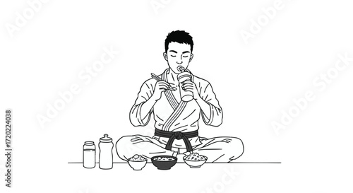 A disciplined martial artist with a black belt sitting cross-legged and refueling with a healthy meal and protein shake after training, in a clean line art style