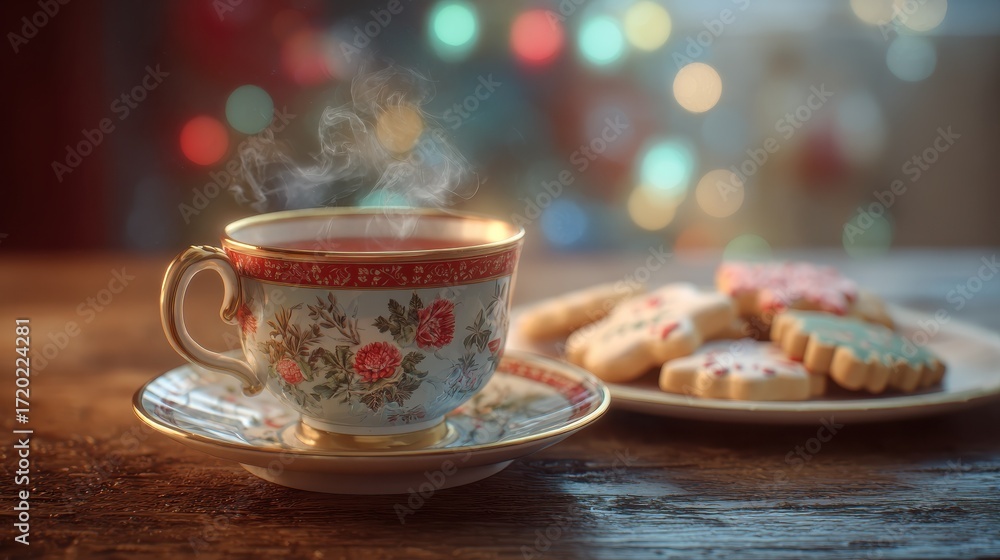 Fototapeta premium a steaming cup of tea in a festive christmasthemed teacup and saucer sits on a wooden table next to a plate of decorated sugar cookies with a blurred bokeh background