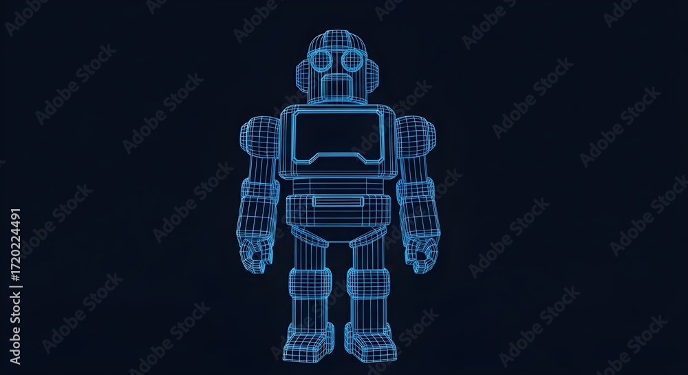 Fototapeta premium Classic Robot Wireframe Hologram with Screen on Dark Background android cyborg