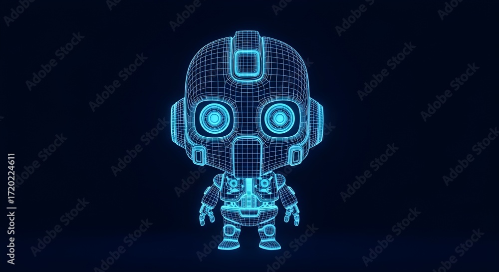 Naklejka premium Cute Chibi Robot Wireframe Hologram on Dark Background android cyborg