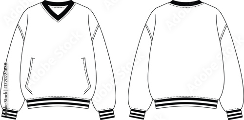 V neck striped rib sweatshirt flat sketch, front and back view, kangaroo pocket, fashion design template, apparel technical drawing illustration