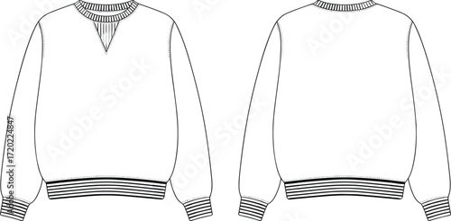 Front and back technical flat sketch of crewneck sweatshirt with ribbed cuffs hem neckline, vintage V insert, apparel fashion design illustration