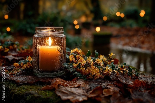 Grave candle placed on fallen autumn leaves, marking All Saintsa?? (Nov 1) and All Soulsa?? Day (Nov 2)