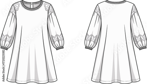 Technical fashion flat sketch of a women's dress or tunic, front and back views, with lace puff sleeves and ribbed cuffs, apparel vector template for clothing design.