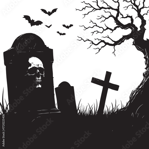 A spooky graveyard scene with bats flying over a skull tombstone and a bare tree silhouette against white