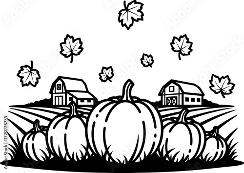 Autumn harvest scene with pumpkins, farm buildings, and falling leaves gourds