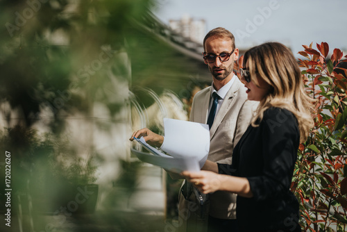 Foto Two colleagues, one in formal attire and the other in sunglasses, having a professional discussion with documents in an outdoor environment surrounded by green foliage
