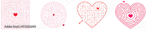 Set of Valentine maze puzzles with hearts — square labyrinth, round maze, arrow heart puzzle